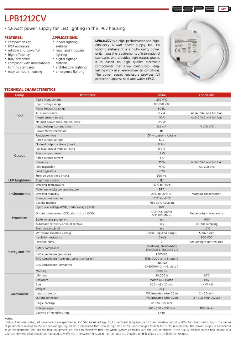 LED voeding - 12V, 1A - 12W - IP67 - WATERPROOF - ESPE