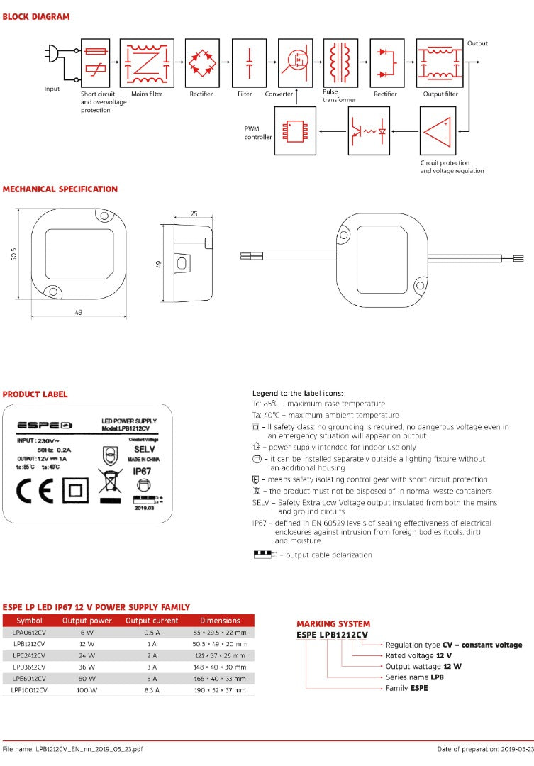LED voeding - 12V, 1A - 12W - IP67 - WATERPROOF - ESPE