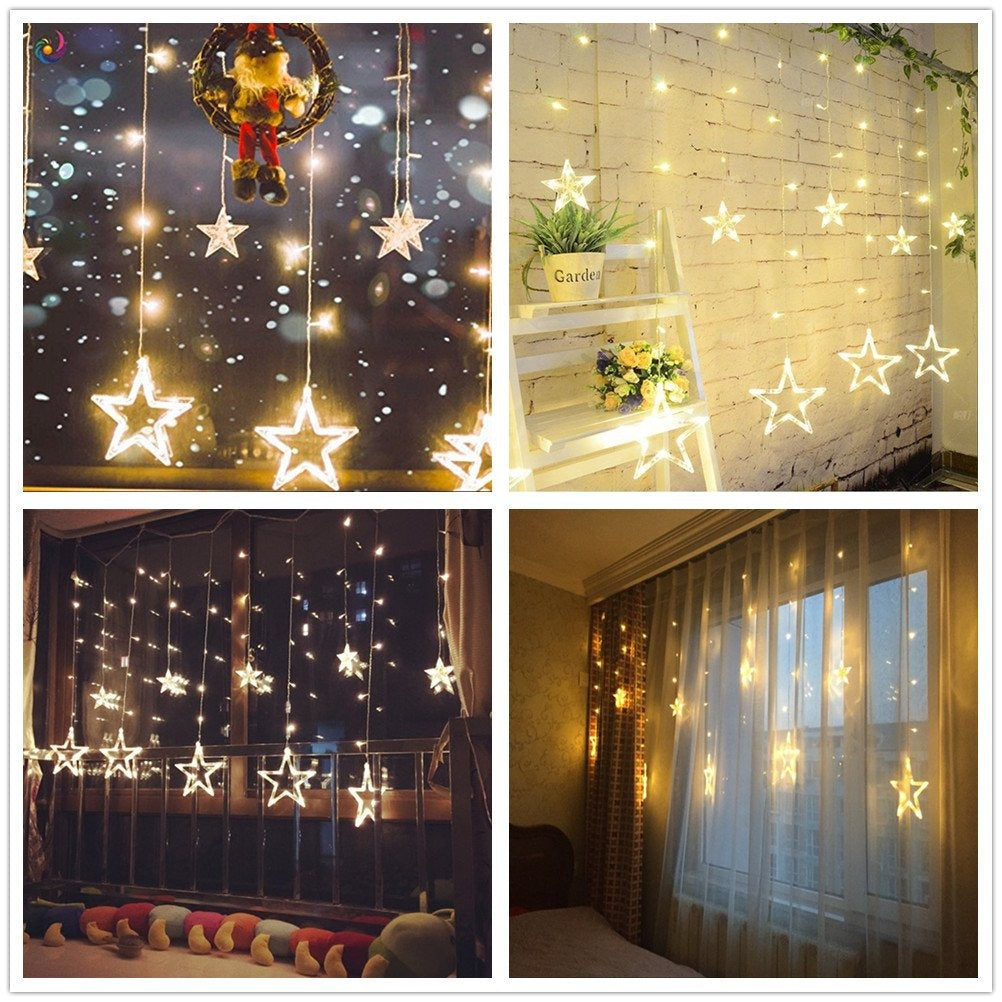 LED Sterrengordijn kerst - 12 sterren - warm wit - 138 leds - Koppelbaar