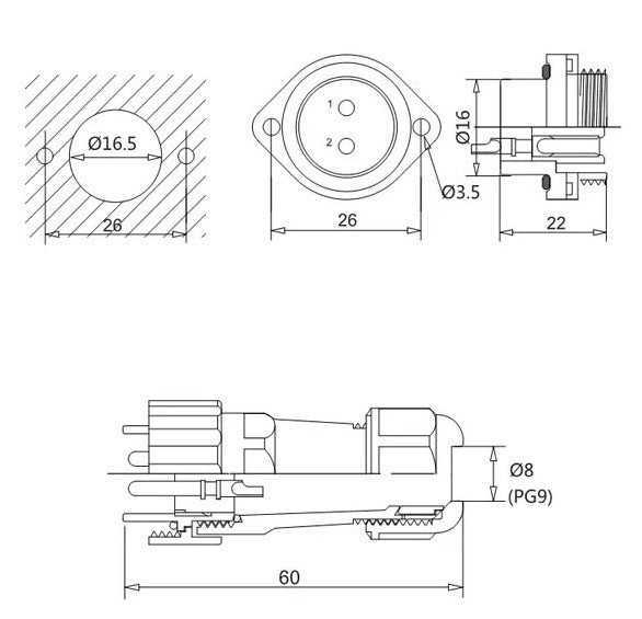 Male + chassis connector - 24V - waterdichte kabelverbinder - 5 aderig - IP68