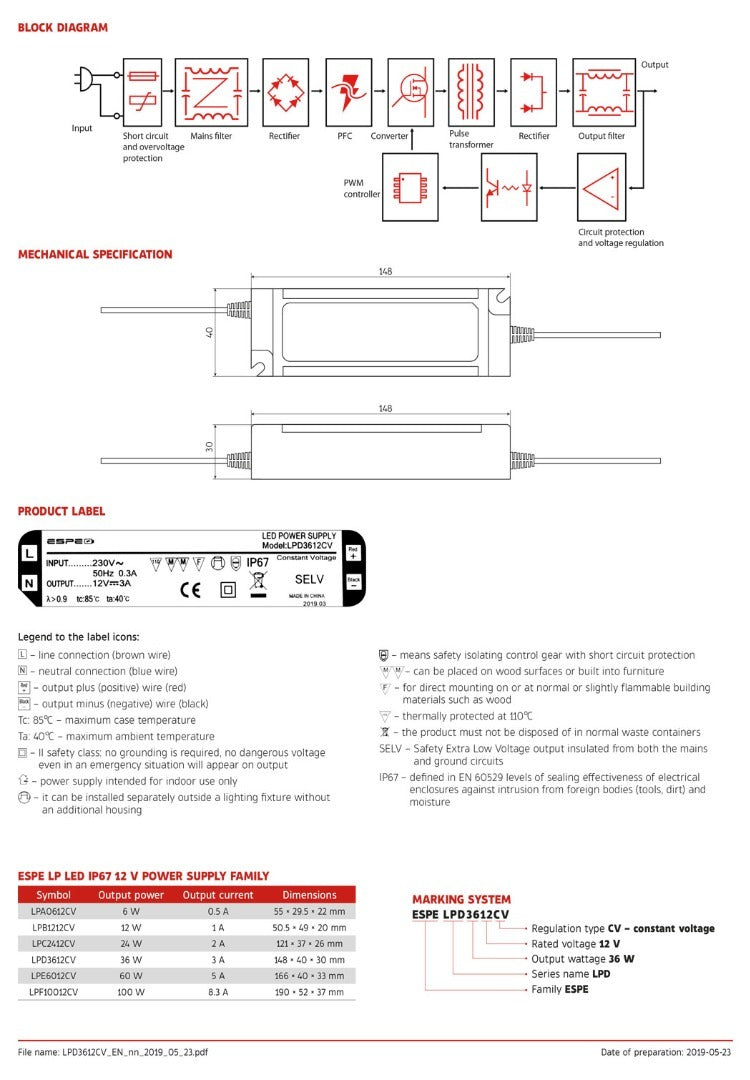 LED voeding - 24V, 1,5A - 36W - IP67 - WATERPROOF - ESPE