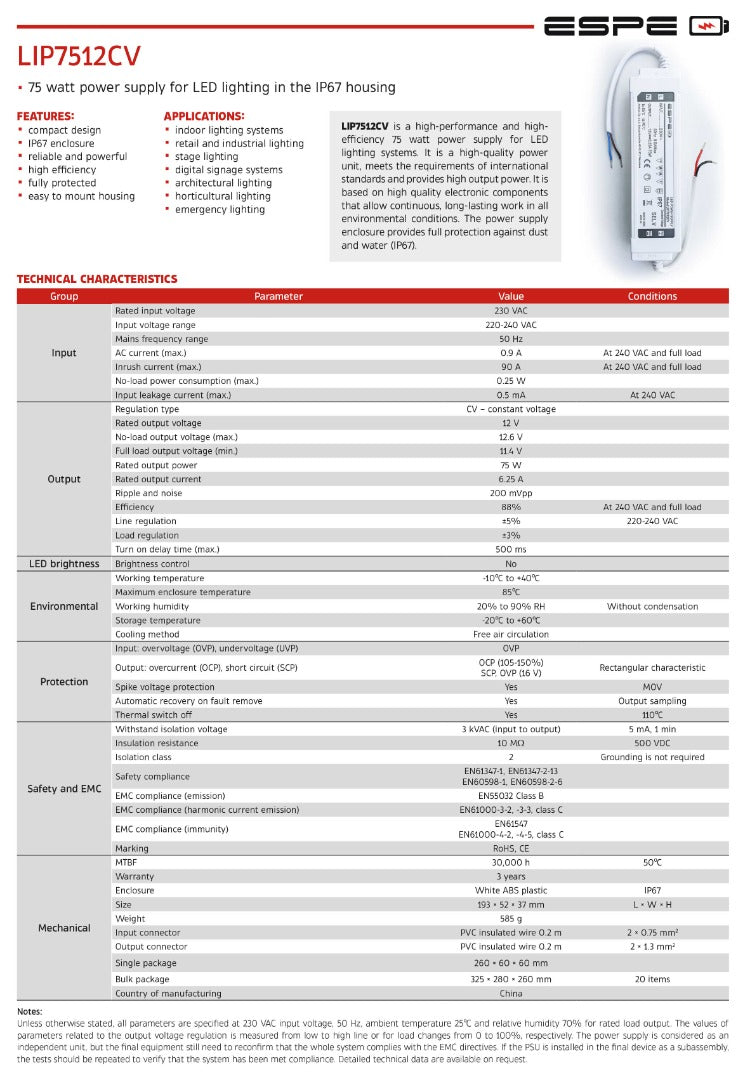 LED voeding - 12V, 6.25A - 75W - IP67 - WATERPROOF - ESPE