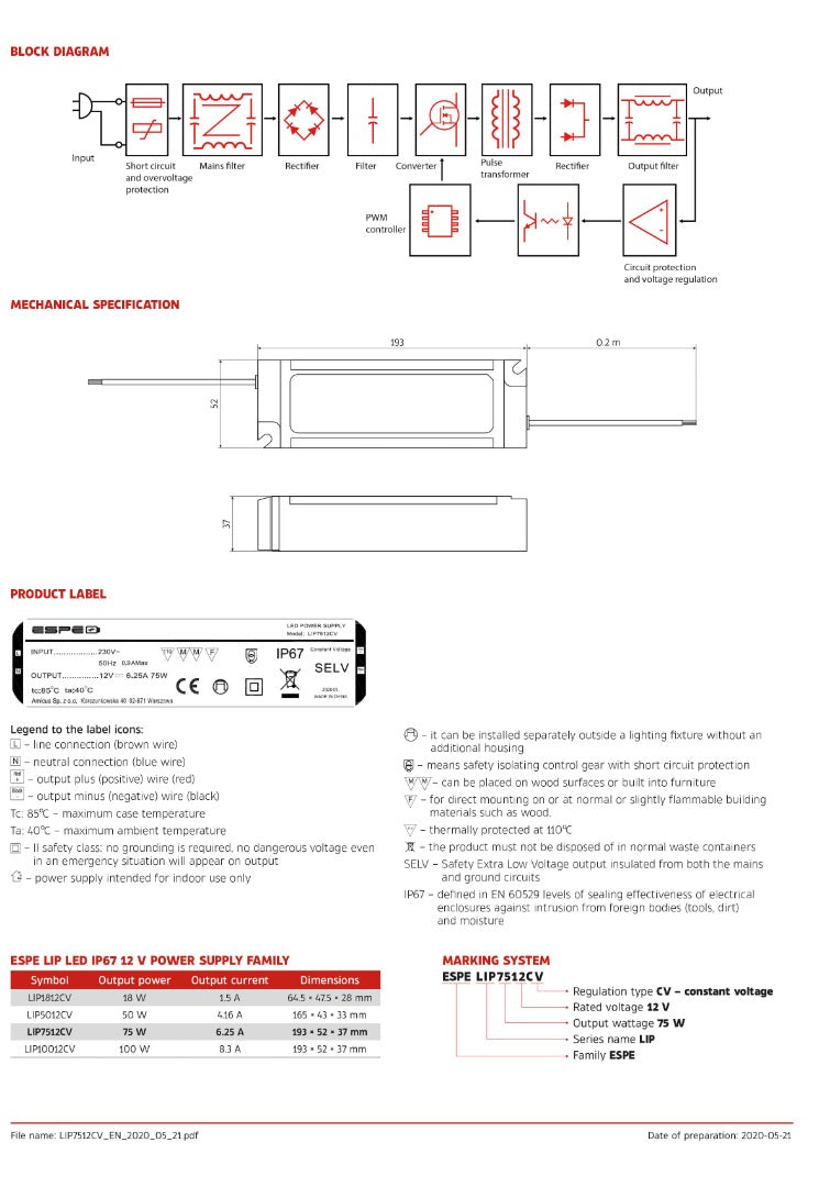 LED voeding - 12V, 6.25A - 75W - IP67 - WATERPROOF - ESPE