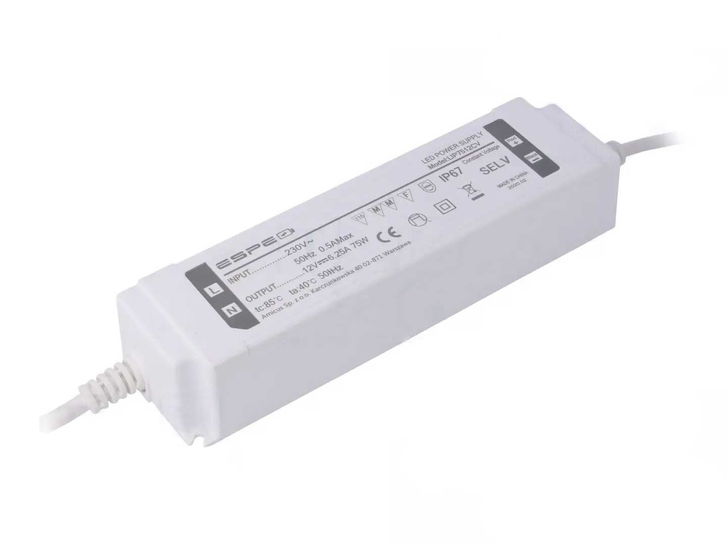 LED voeding - 12V, 6.25A - 75W - IP67 - WATERPROOF - ESPE
