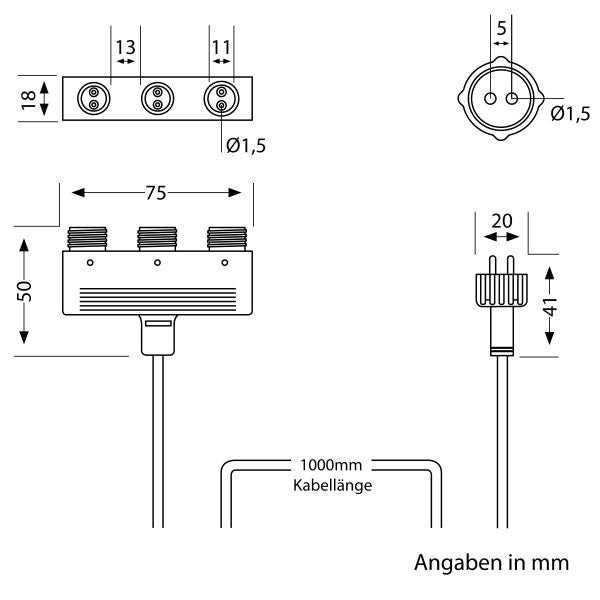 Verbindingskabel -  3 voudig – 1 meter – 12V AC – IP44