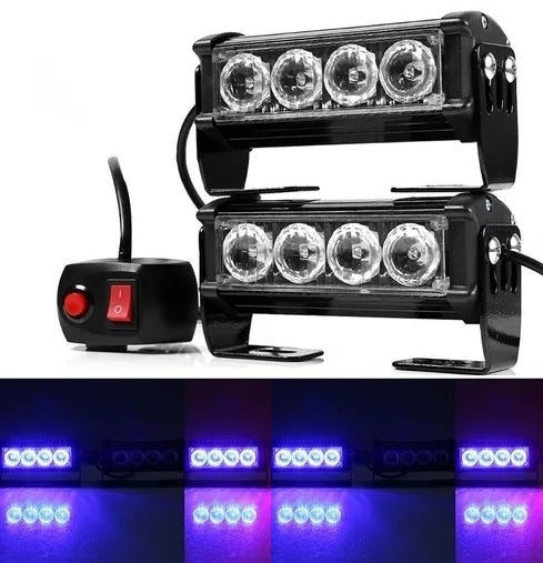 BLAUW bumper flitser 4 LED 12 Volt - Complete Set - Zwart