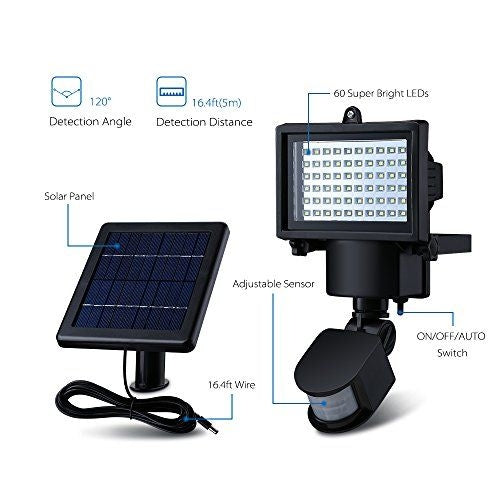 60 LED Schijnwerper PIR - Solar met Accu - 12 Volt - Zwart