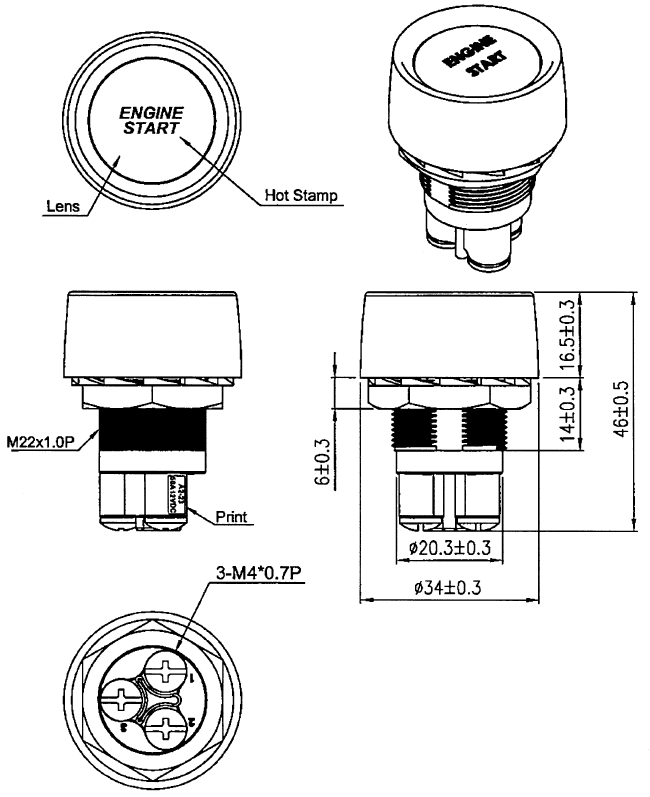 Auto motor startknop - 22mm - SPST NO - Rood - 12V
