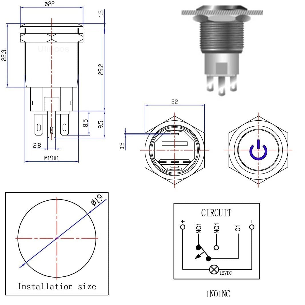 Push schakelaar rode verlichting - 19mm - Power symbool