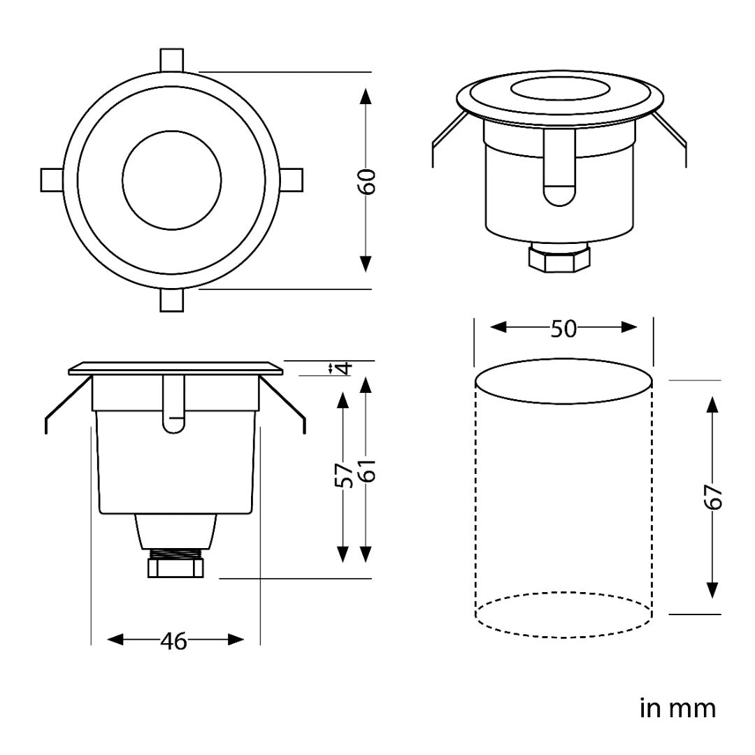 LED terrasverlichting inbouw - 60mm - 230V - Warm wit - zwart