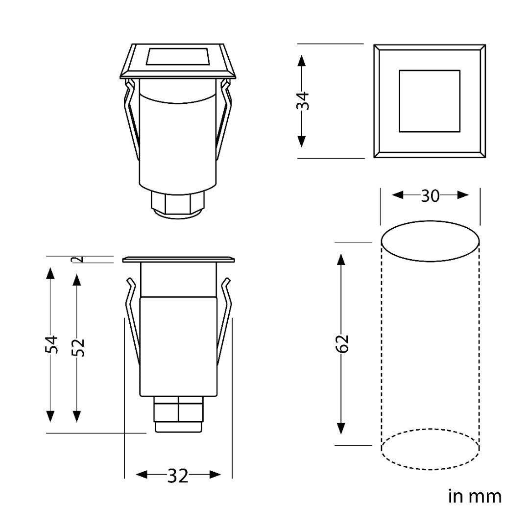 LED terrasverlichting vierkant - 3,4 x 3,4cm - 230V - Warm wit