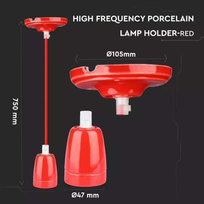 Retro porseleinen lamp - ROOD - E27 fitting - pendel