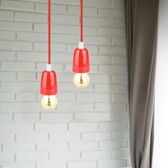 Retro porseleinen lamp - ROOD - E27 fitting - pendel