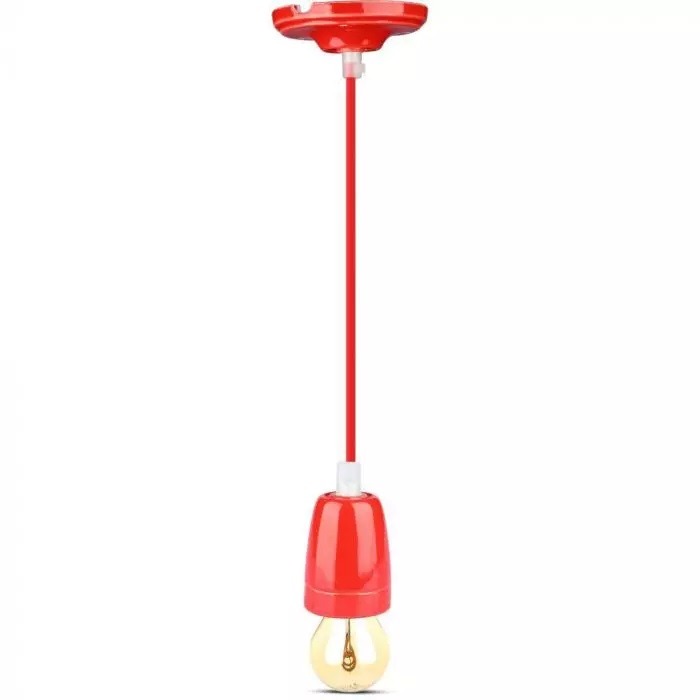 Retro porseleinen lamp - ROOD - E27 fitting - pendel