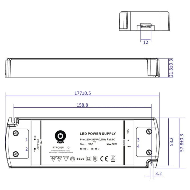 50W 12V DC dimbare voeding