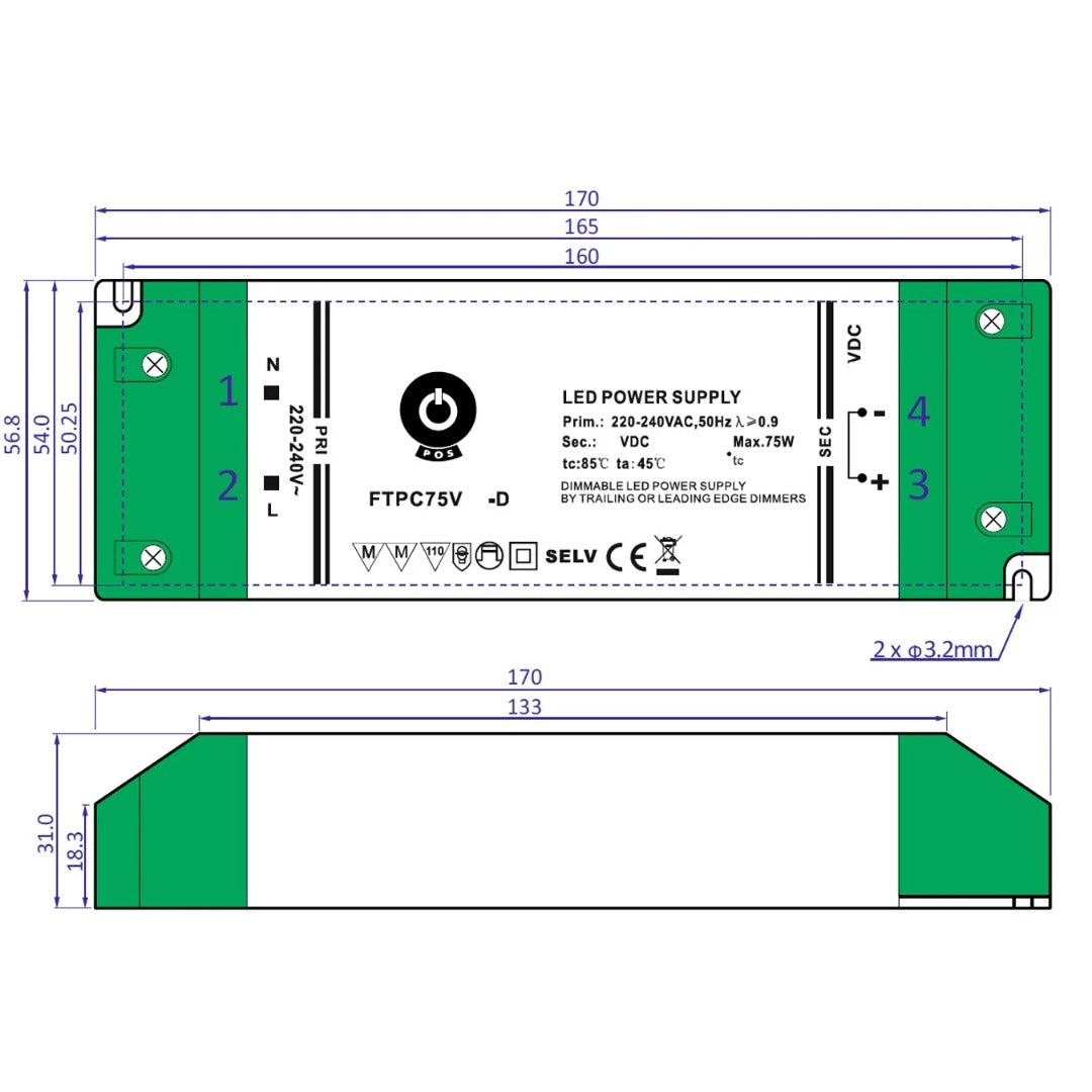 75W 24V DC dimbare voeding