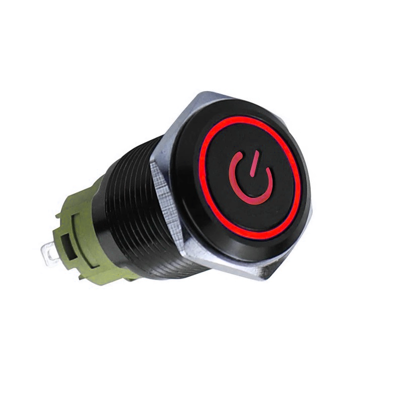 Push schakelaar rode verlichting - 19mm - Power symbool