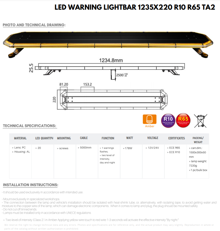 LED zwaaibalk - 120cm - ECE R65 R10 - Extra Dun - Amber